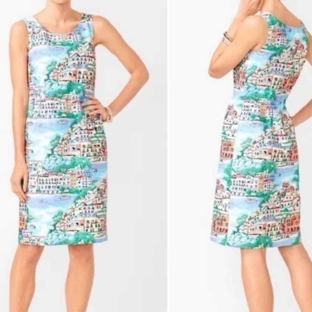Talbots Portofino Italy Village Scene Sheath Shift  Dress Size 8